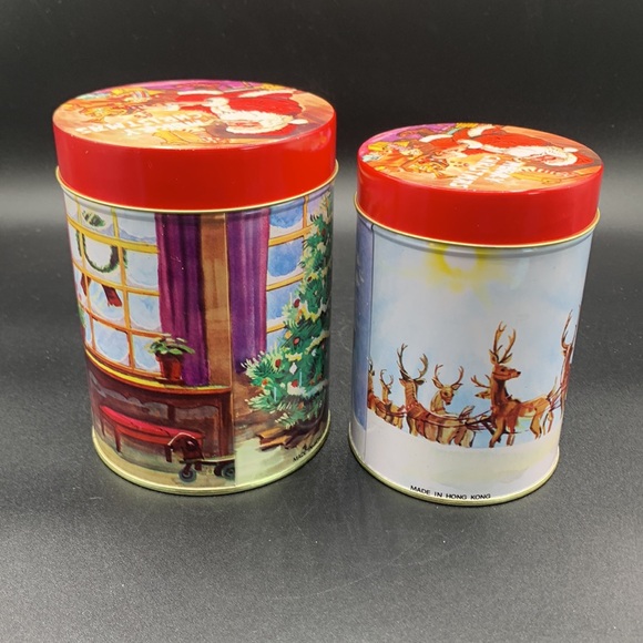 Vintage Two 80s Santa Airtight Round Metal Cookie Candy Food Containers - Picture 3 of 14